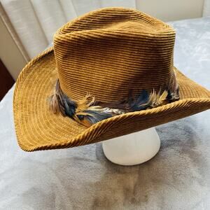 Vtg Resistol Stagecoach Western Hat Sz 6.75 Caramel Corduroy Cowboy Feather Band